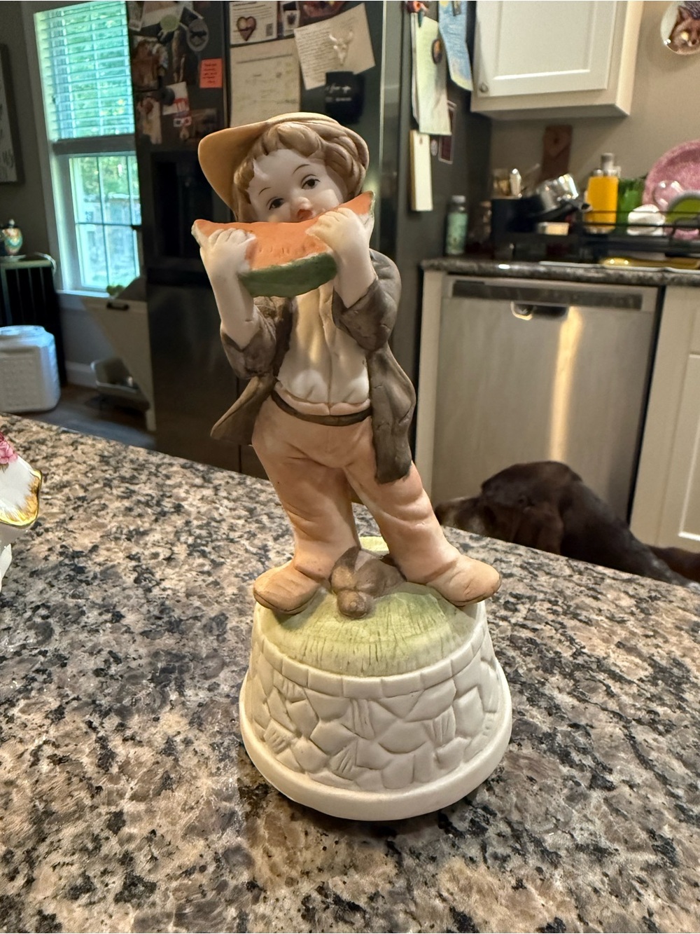 Porcelain Music Boy Figurine Eating Watermelon - Pastel Cream, Tan, Green, Pink